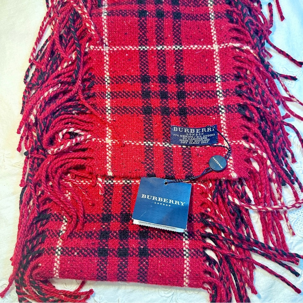 NEW tag Burberry Red Black Plaid Check Happy Fringe Scarf Merino Angora Cashmere - Picture 10 of 11